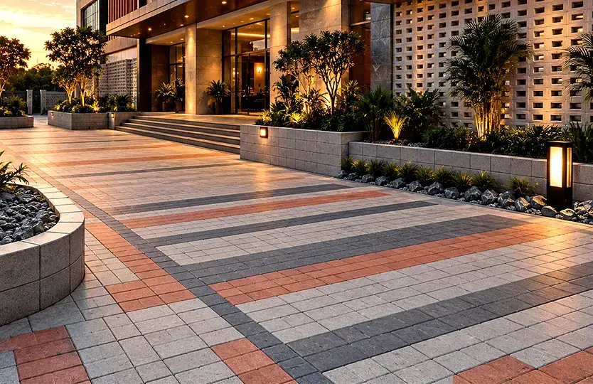 A modern outdoor display area featuring different styles of paving blocks and concrete tiles installed in decorative patterns around a contemporary building showroom