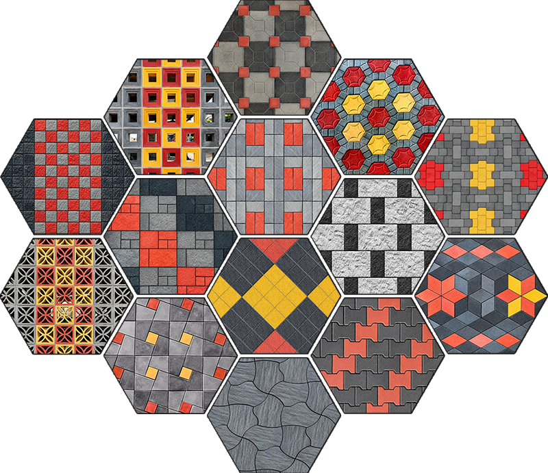 A modern outdoor paving area featuring decorative hexagonal concrete pavers in a stylish black and grey pattern with landscaped garden surroundings