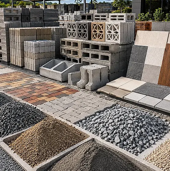 Construction material display area showcasing concrete blocks, vent blocks, pavers, floor tiles, aggregates and quarry materials