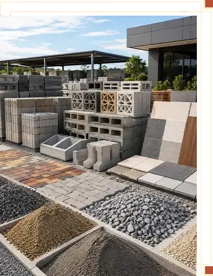 Construction material display area showcasing concrete blocks, vent blocks, pavers, floor tiles, aggregates and quarry materials